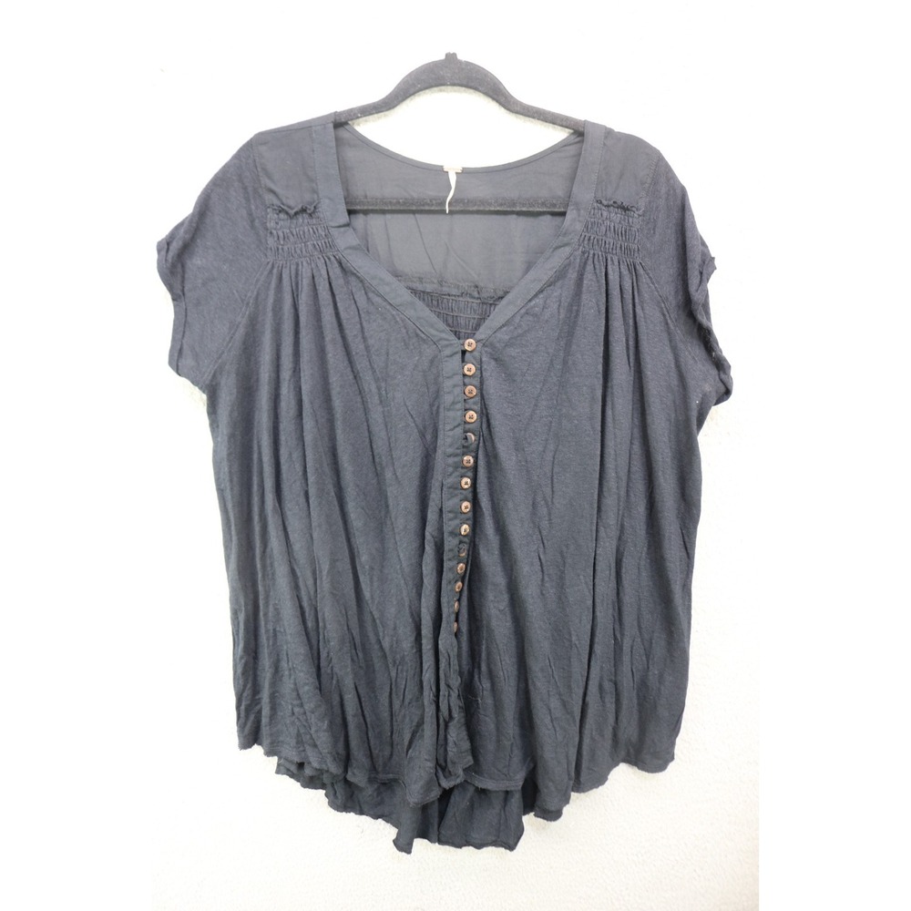 Free People Cap Sleeve Button Down Black Boxy Tunic-Linen Blend-Med